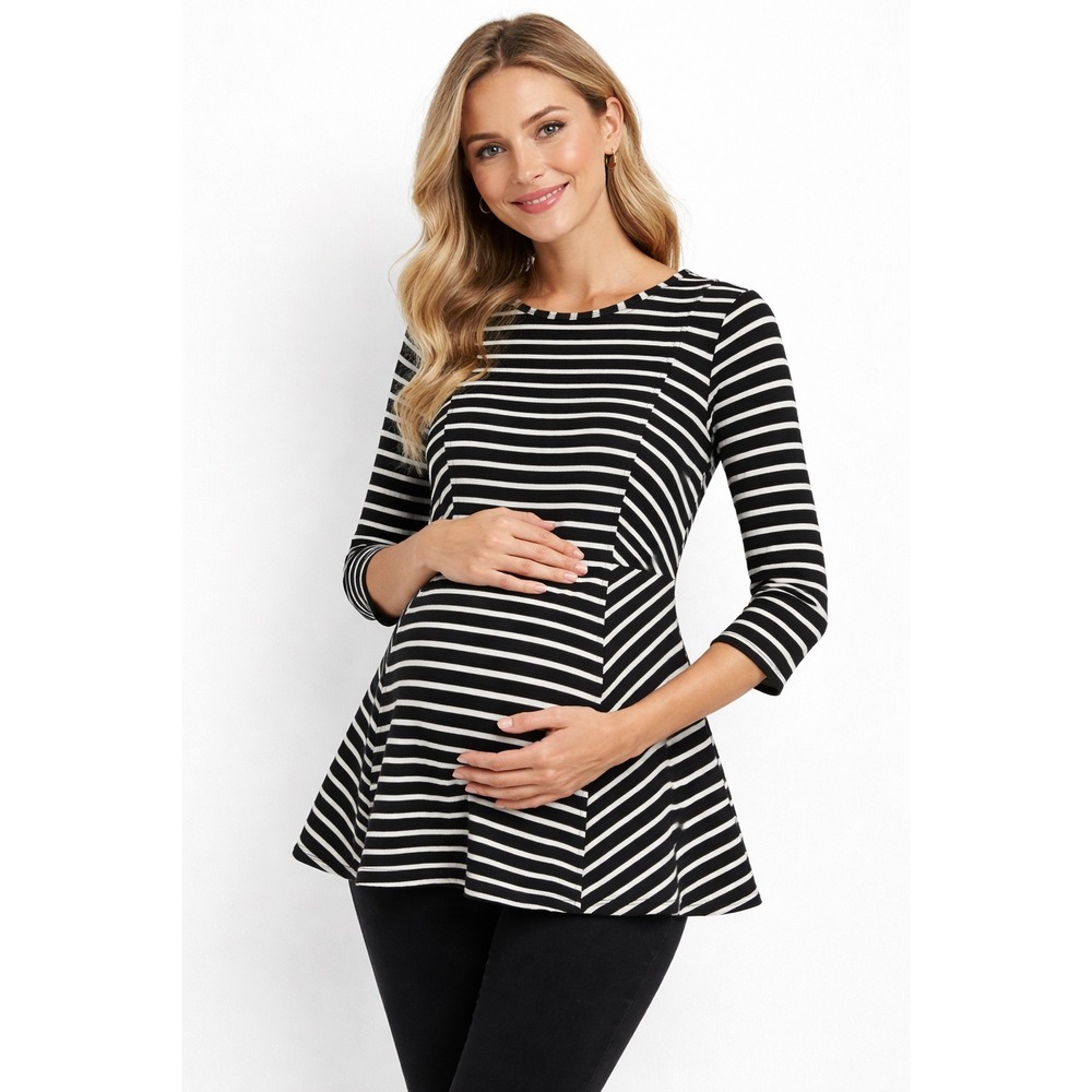 A Pea in the Pod Maternity Textured Striped Peplum Top Black White XS